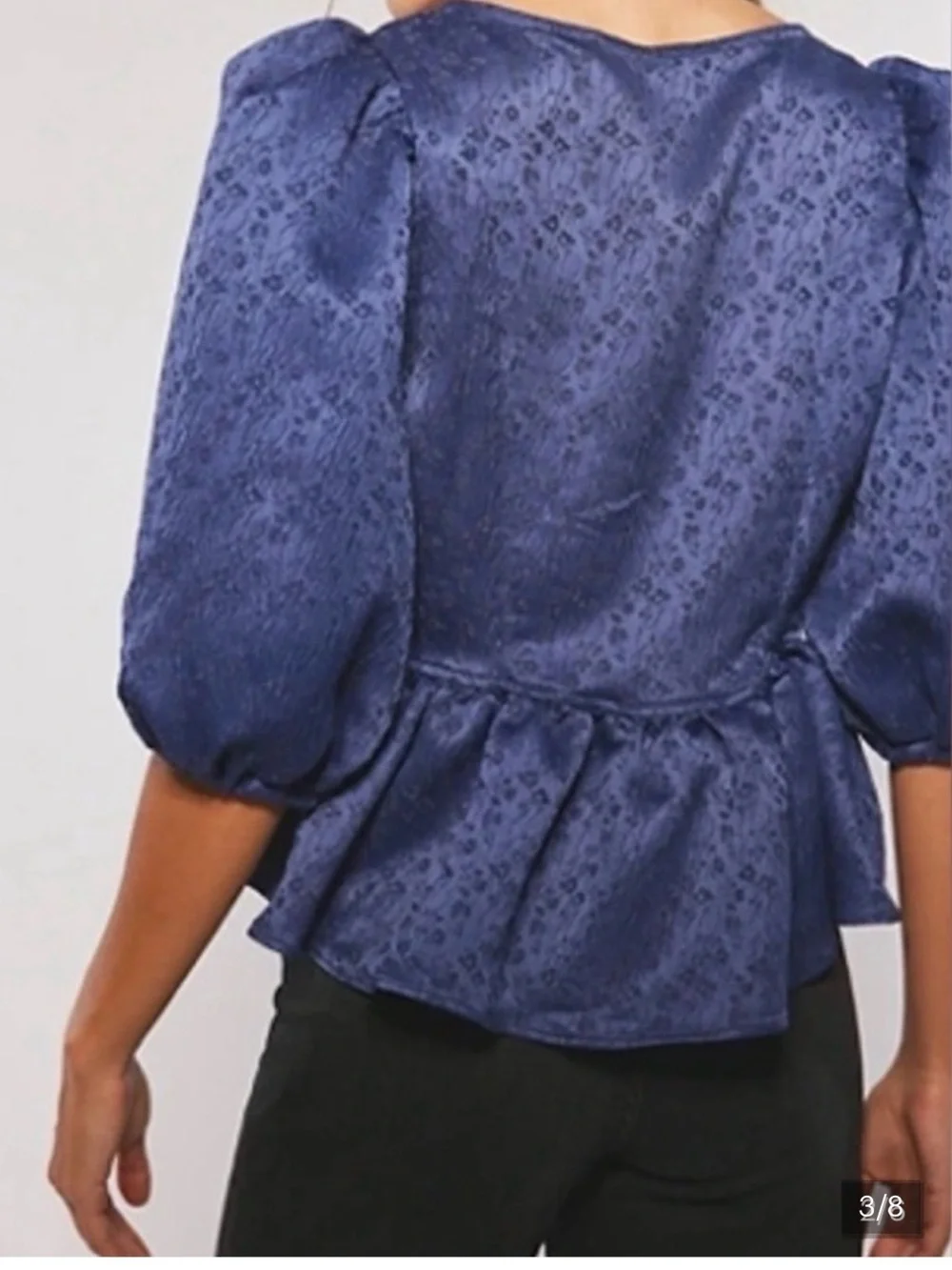 Free People Navy Blue Puff Sleeve Bow Peplum Top